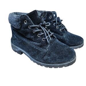 Stylish Black Velvet Girl's Lace Up Combat Boots Faux Fur Tops Size 3